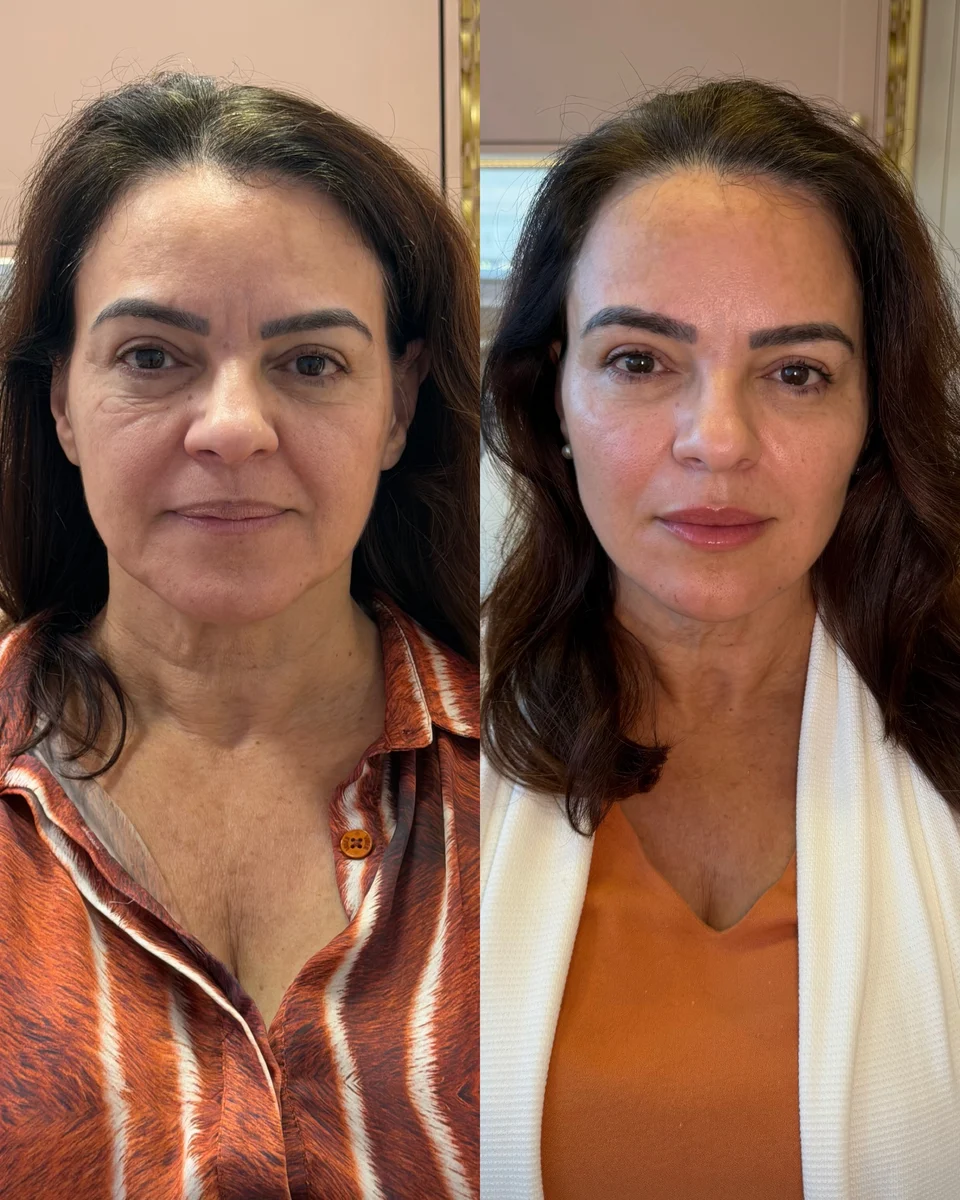 Caso 2: comparação frontal de antes e depois, conforme publicação da Dra. Patrícia Almeida