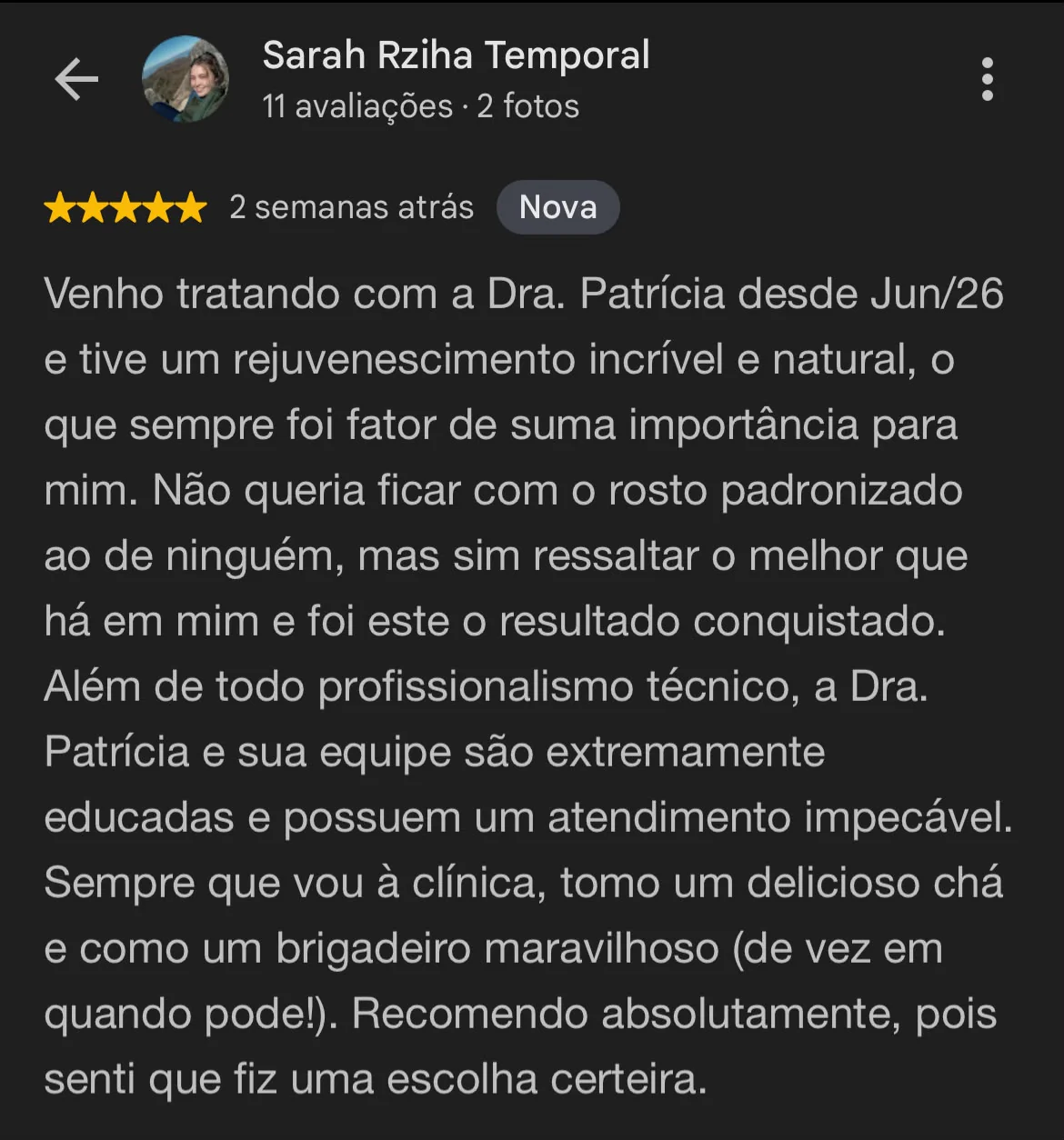 Avaliação de Sarah Rziha Temporal, cinco estrelas